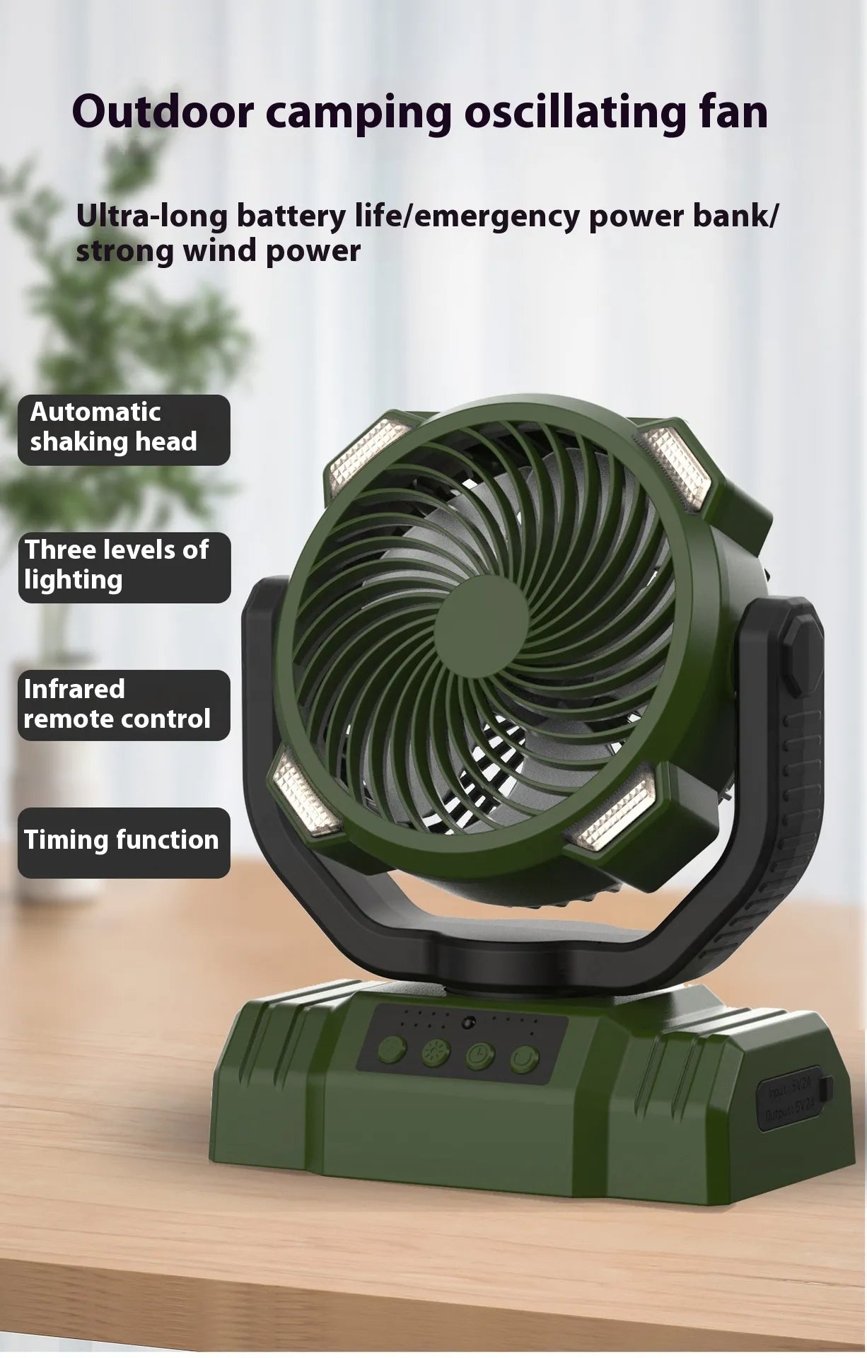 Outdoor Camping Fan with Power Bank and LED Light